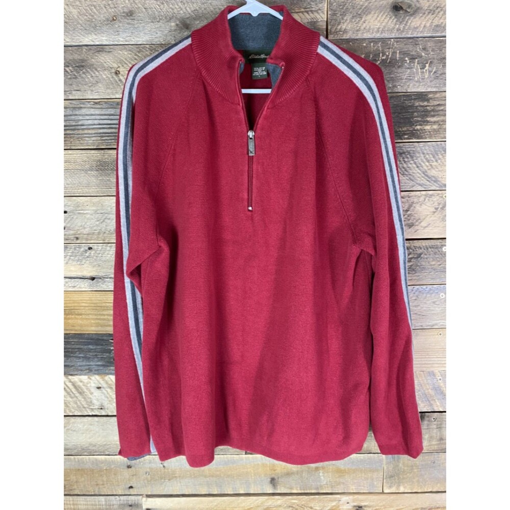 Eddie Bauer Sweater Men's Red L 1/4 Zip Pullover Cotton Striped Sleeves